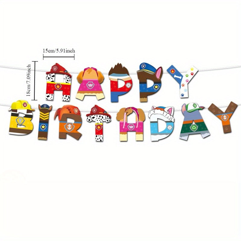 It mavzusiga ega tug'ilgan kun uchun yoqimli anjomlar to'plami - qog'oz plastinkalar, stakanlar, salfetkalar va dasturxonni o'z ichiga oladi