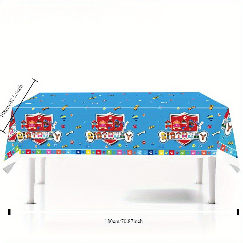 It mavzusiga ega tug'ilgan kun uchun yoqimli anjomlar to'plami - qog'oz plastinkalar, stakanlar, salfetkalar va dasturxonni o'z ichiga oladi