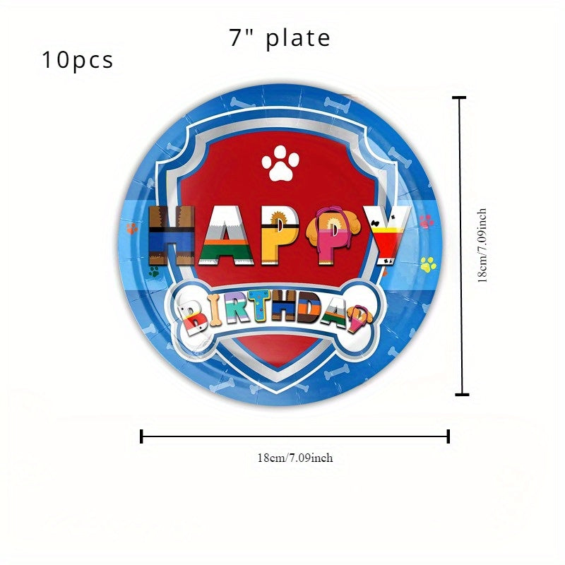 It mavzusiga ega tug'ilgan kun uchun yoqimli anjomlar to'plami - qog'oz plastinkalar, stakanlar, salfetkalar va dasturxonni o'z ichiga oladi