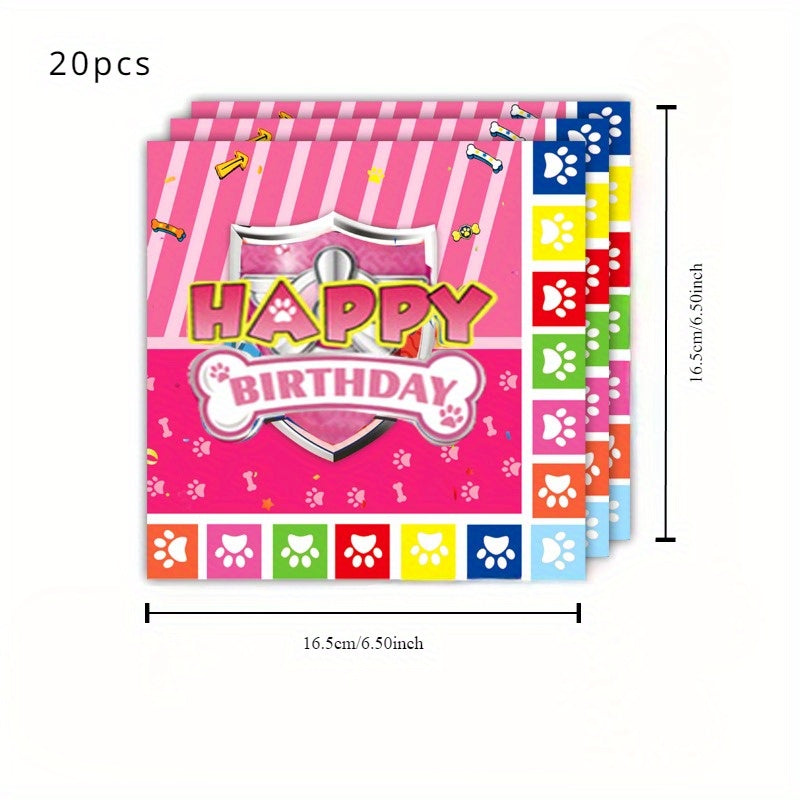 It mavzusiga ega tug'ilgan kun uchun yoqimli anjomlar to'plami - qog'oz plastinkalar, stakanlar, salfetkalar va dasturxonni o'z ichiga oladi