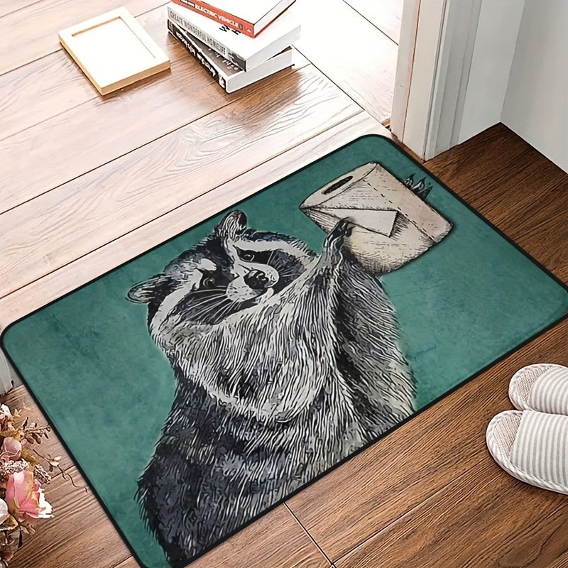 Raccoon Door Mat with Toilet Paper Design Non-Slip Polyester for Porch and Room