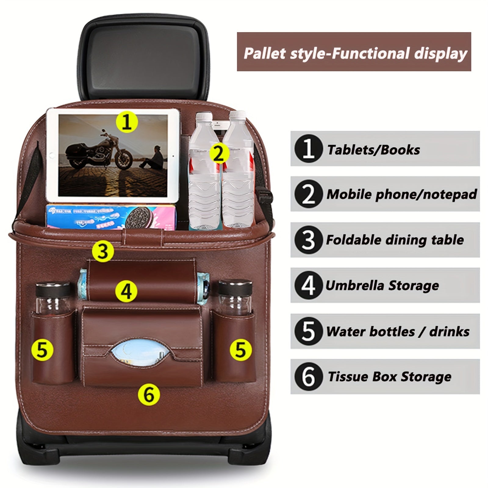 Car Backseat Organizer with Foldable Table Tray PU Leather Multi-Pocket Storage for Snacks Beverages Entertainment