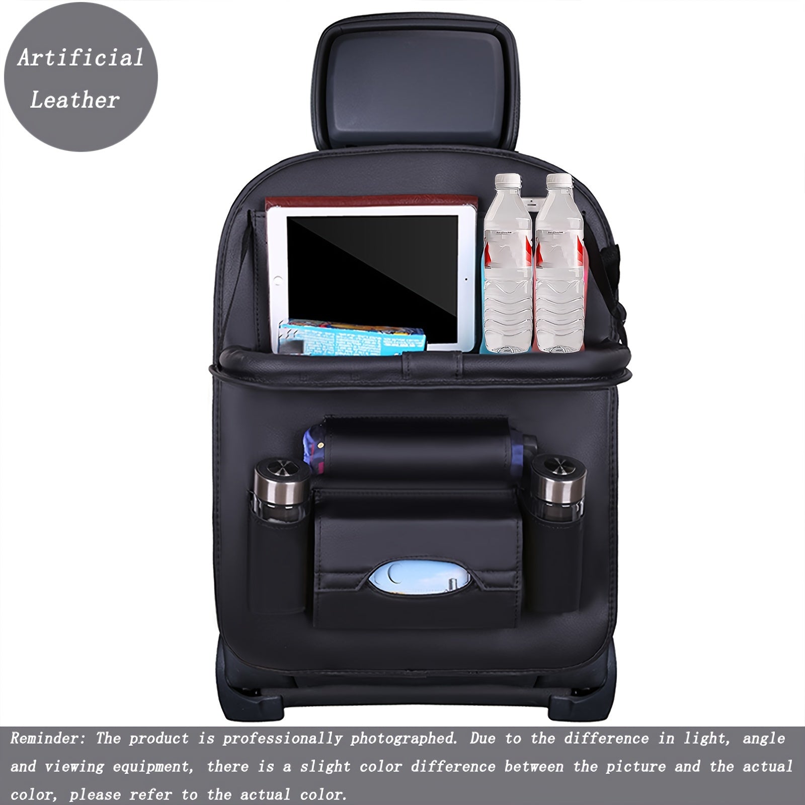 Car Backseat Organizer with Foldable Table Tray PU Leather Multi-Pocket Storage for Snacks Beverages Entertainment