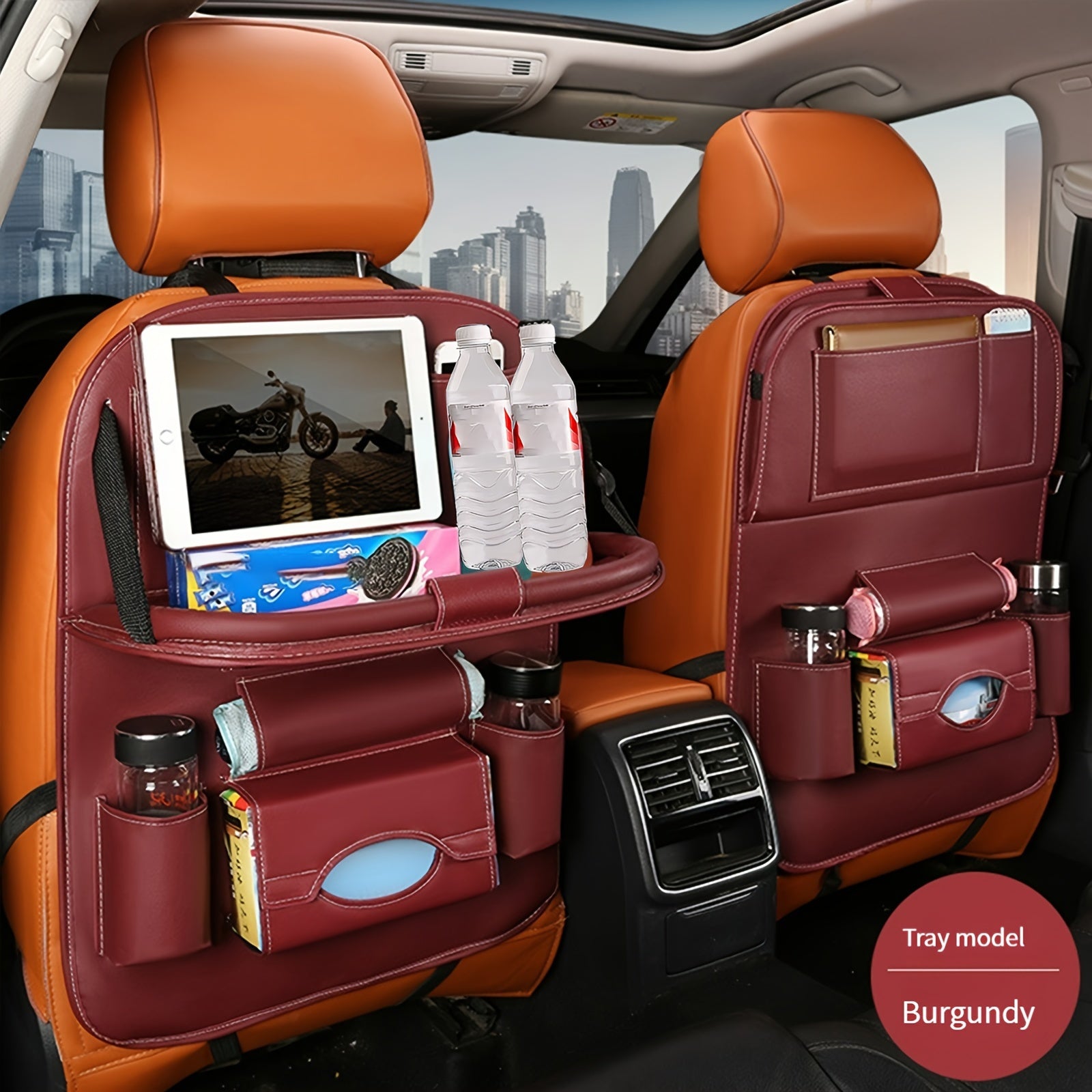 Car Backseat Organizer with Foldable Table Tray PU Leather Multi-Pocket Storage for Snacks Beverages Entertainment