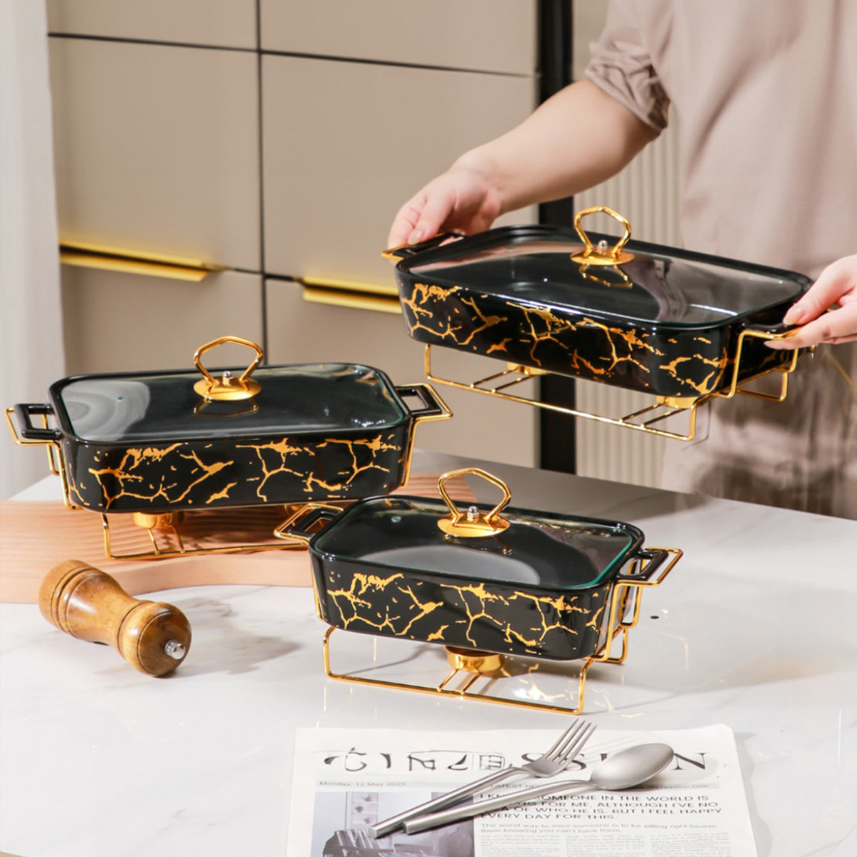 Ceramic Casserole Dish with Lid and Iron Stand for Kitchen, Parties, Restaurants