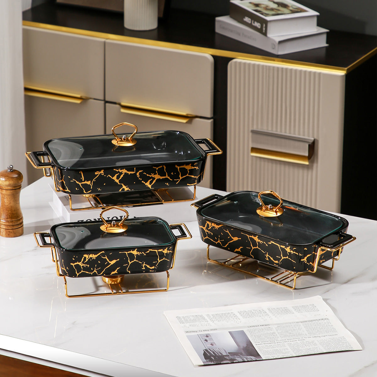 Ceramic Casserole Dish with Lid and Iron Stand for Kitchen, Parties, Restaurants