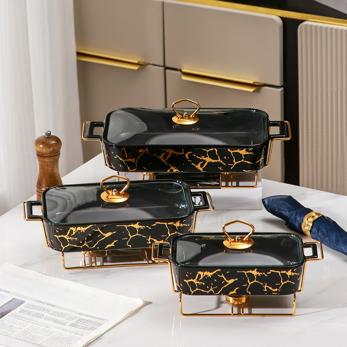 Ceramic Casserole Dish with Lid and Iron Stand for Kitchen, Parties, Restaurants