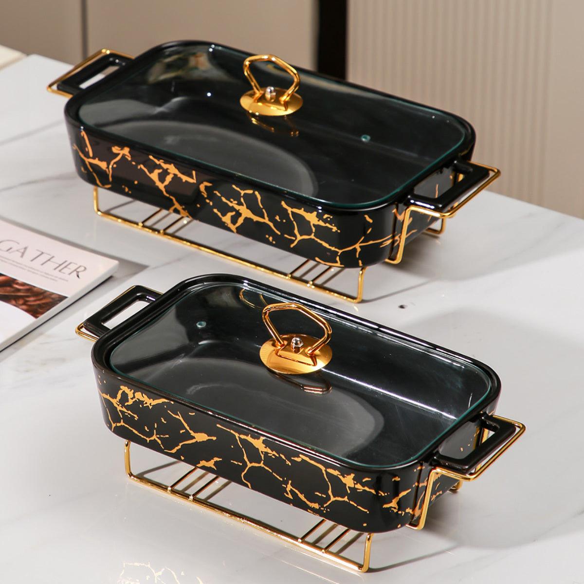 Ceramic Casserole Dish with Lid and Iron Stand for Kitchen, Parties, Restaurants