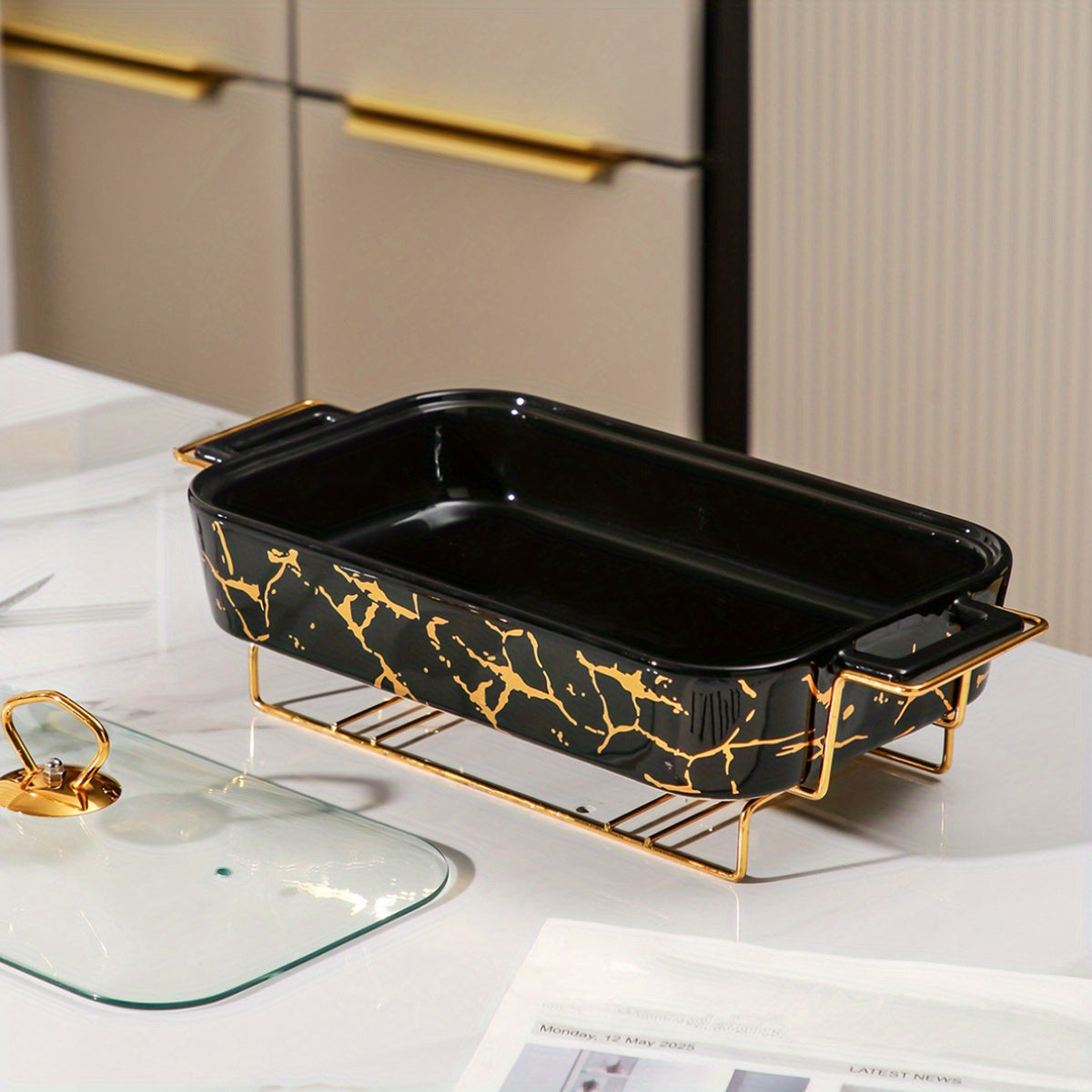 Ceramic Casserole Dish with Lid and Iron Stand for Kitchen, Parties, Restaurants