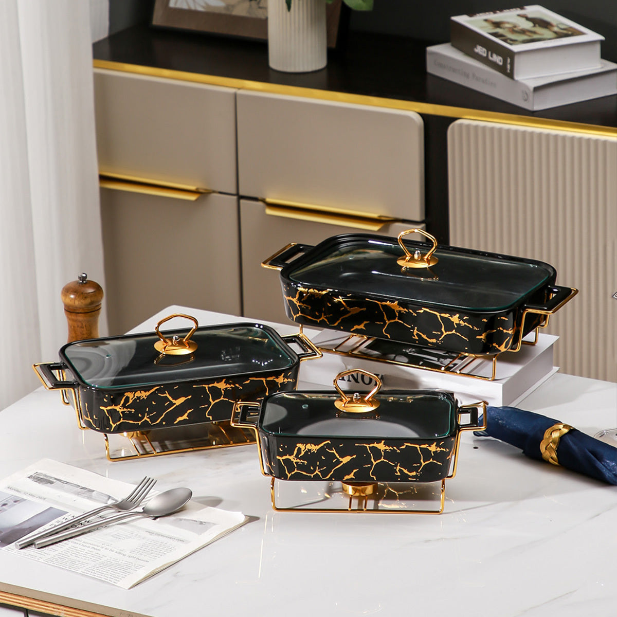 Ceramic Casserole Dish with Lid and Iron Stand for Kitchen, Parties, Restaurants