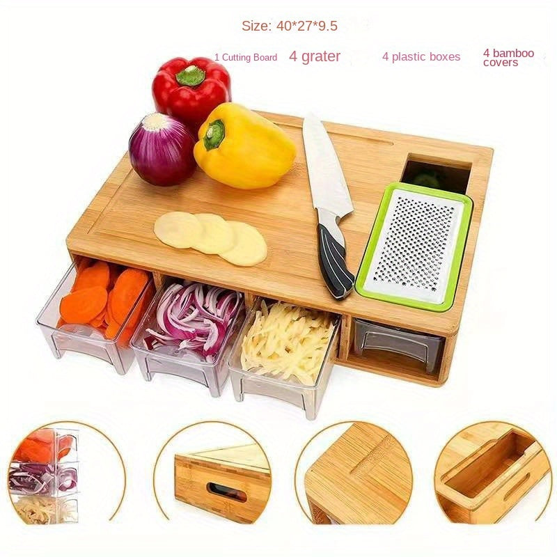 Bamboo Cutting Board Set with Storage, Graters, Plastic Boxes, Covers