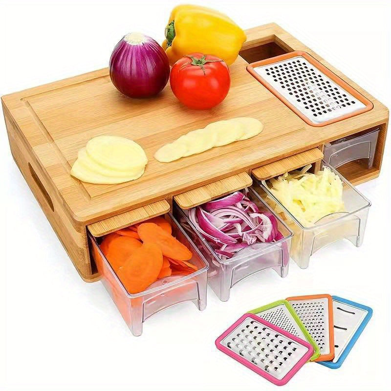 Bamboo Cutting Board Set with Storage, Graters, Plastic Boxes, Covers