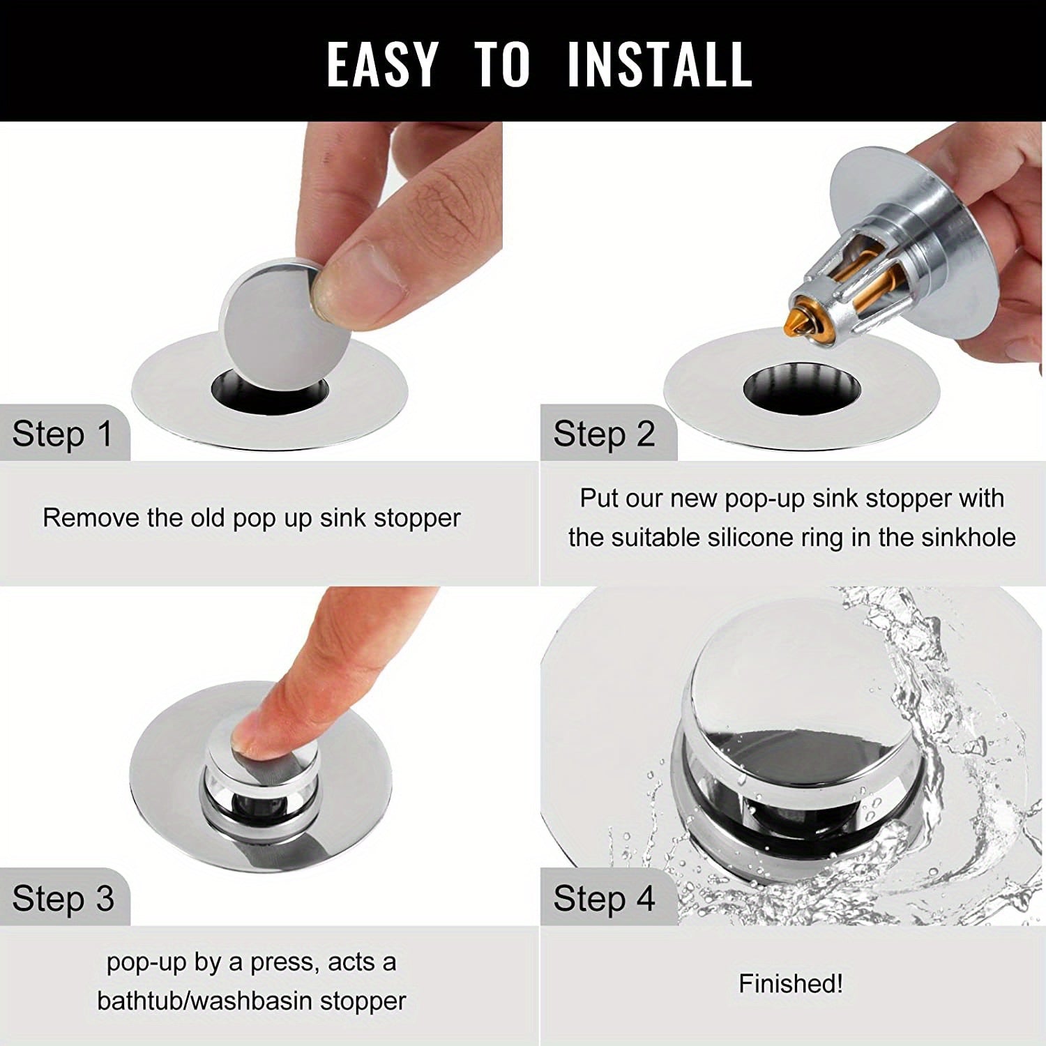 Vannaxonani yopadigan to'siq, 1.06-1.80 dyuymli quvurlar uchun, pop-up filtri va sochlarni ushlovchi bilan