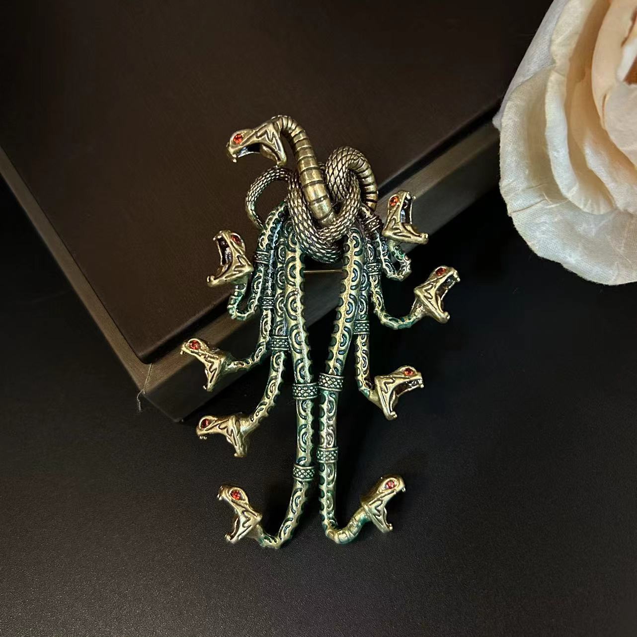 Vintage Enamel Brooch with Hydra Design Rhinestone Detailing Collectors Jewelry