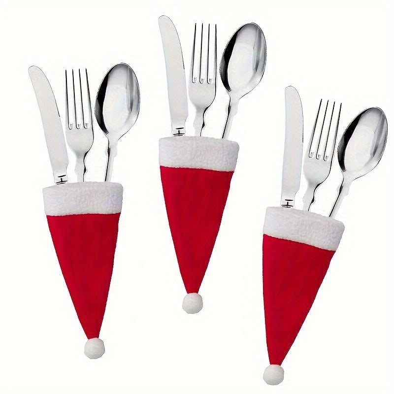 Set of 10 Red Mini Christmas Hat Cutlery Holders for Holiday Table Decor