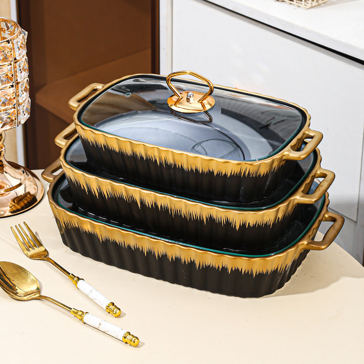 Ceramic Cookware Set with Golden Trim and Matching Lids for Kitchen and Parties