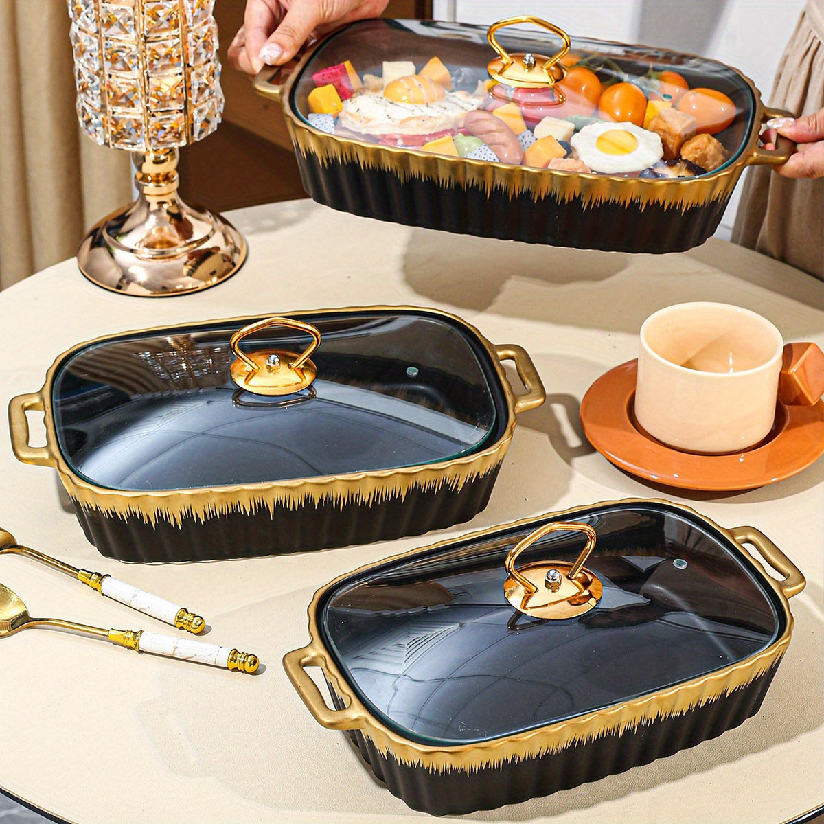 Ceramic Cookware Set with Golden Trim and Matching Lids for Kitchen and Parties