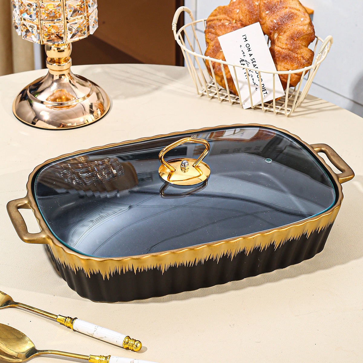 Ceramic Cookware Set with Golden Trim and Matching Lids for Kitchen and Parties