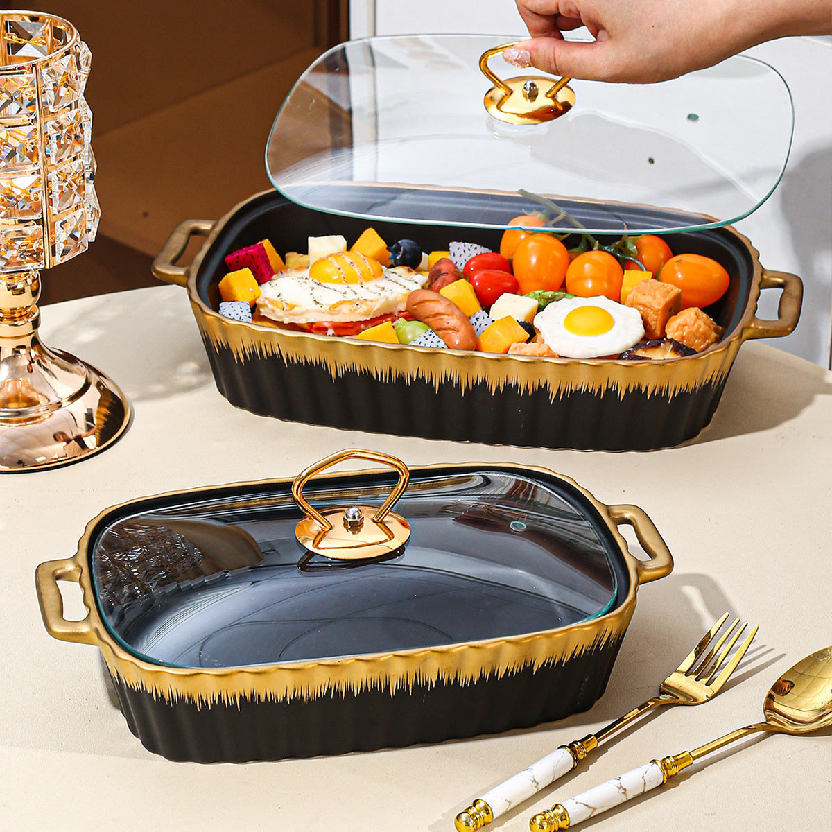 Ceramic Cookware Set with Golden Trim and Matching Lids for Kitchen and Parties