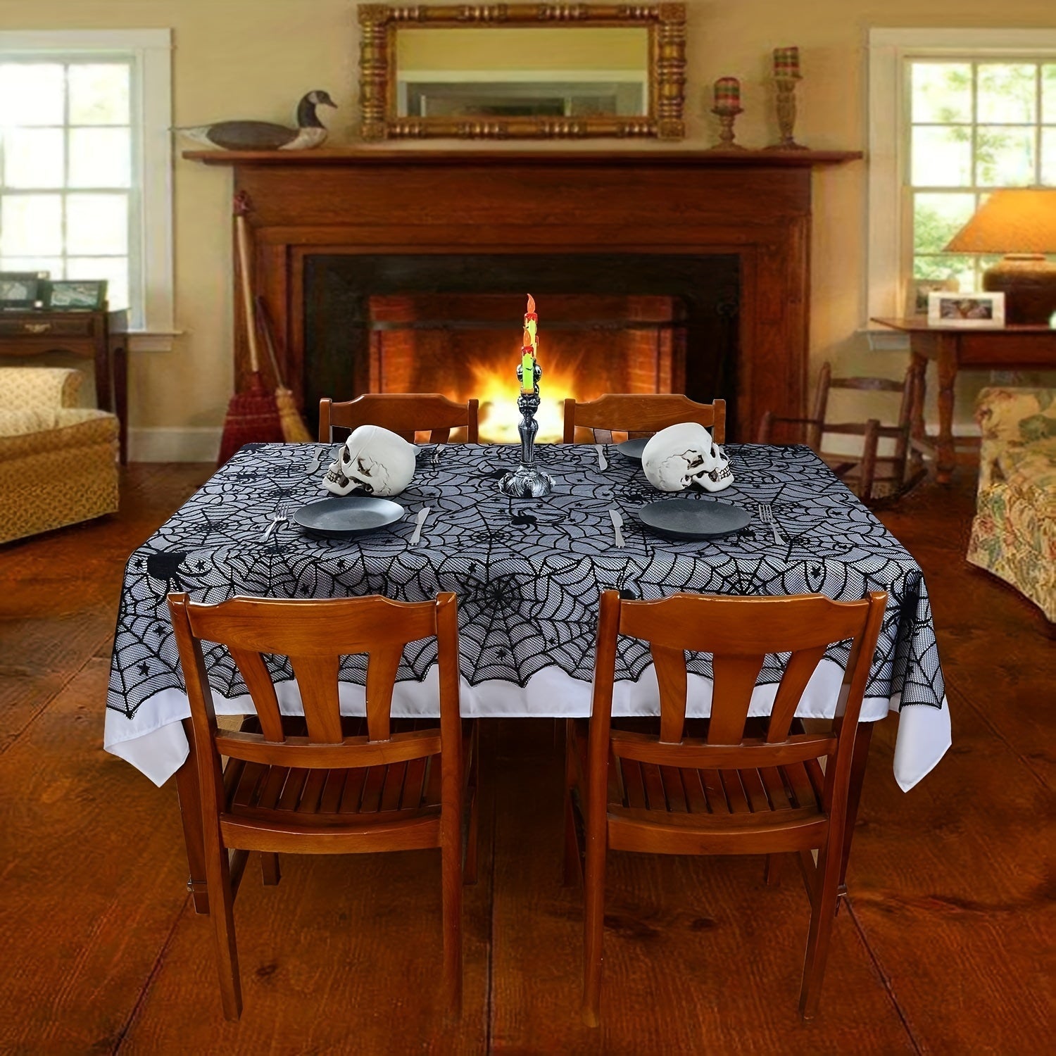 Spider Web Lace Tablecloth and Mantel Cover Set for Halloween Haunted House Decor