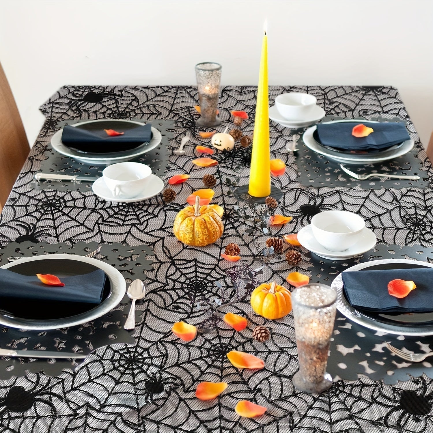 Spider Web Lace Tablecloth and Mantel Cover Set for Halloween Haunted House Decor