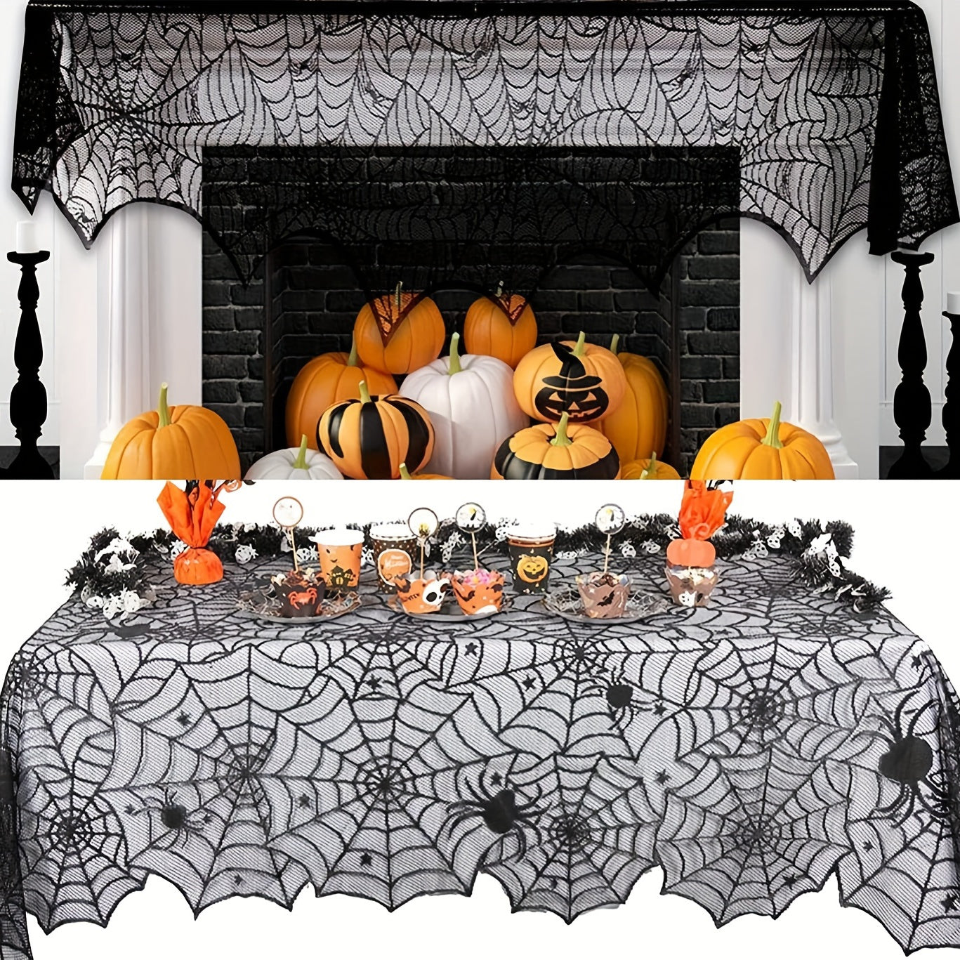 Spider Web Lace Tablecloth and Mantel Cover Set for Halloween Haunted House Decor