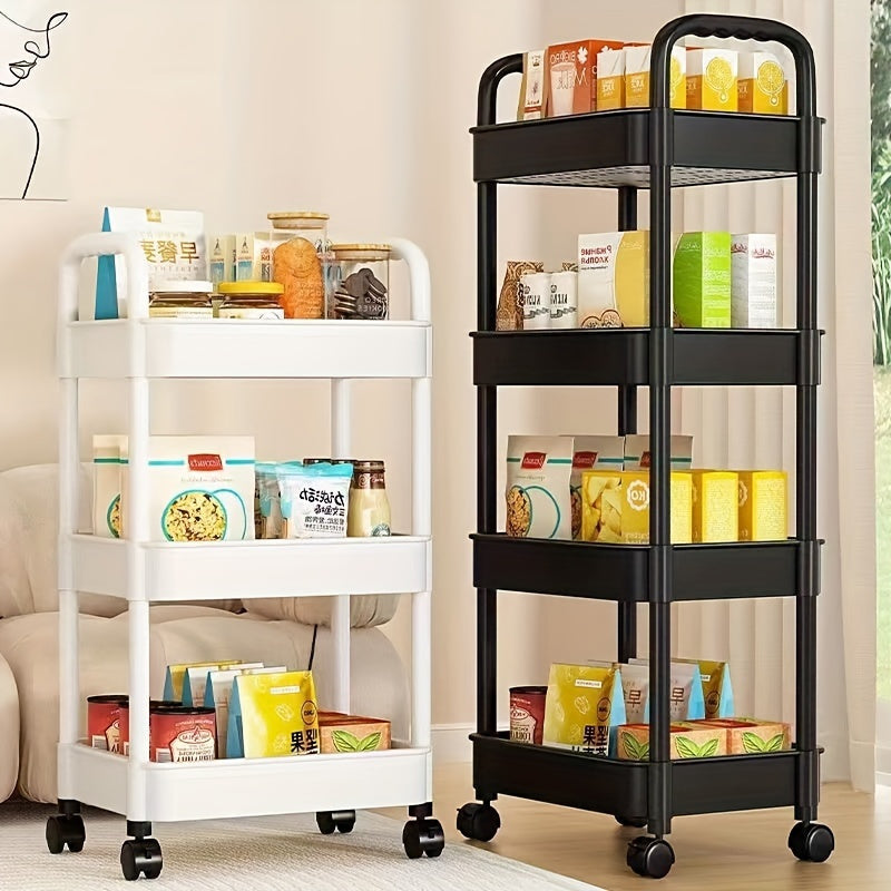 4-Tier Rolling Cart with Wheels and Lockable Casters for Kitchen and Bathroom Black Plastic Basket Included