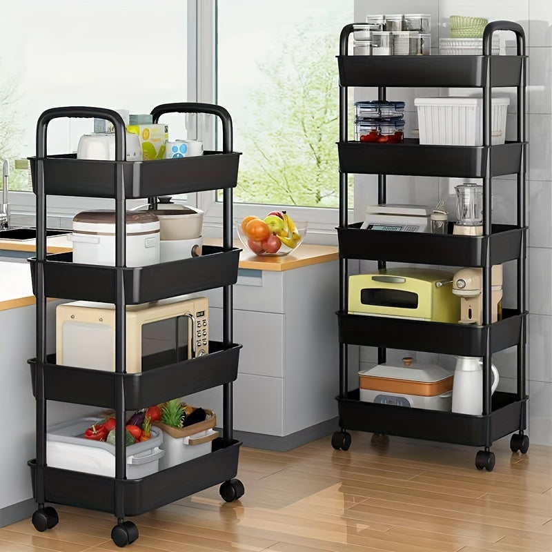 4-Tier Rolling Cart with Wheels and Lockable Casters for Kitchen and Bathroom Black Plastic Basket Included