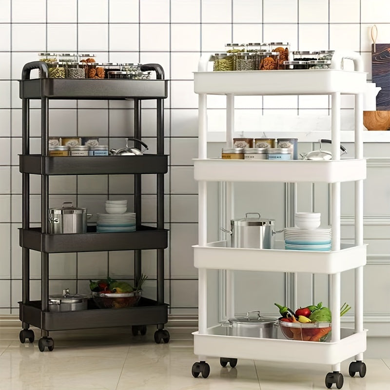 4-Tier Rolling Cart with Wheels and Lockable Casters for Kitchen and Bathroom Black Plastic Basket Included
