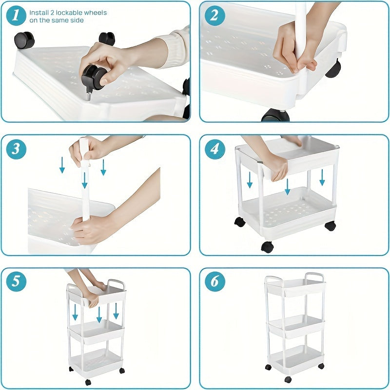 4-Tier Rolling Cart with Wheels and Lockable Casters for Kitchen and Bathroom Black Plastic Basket Included