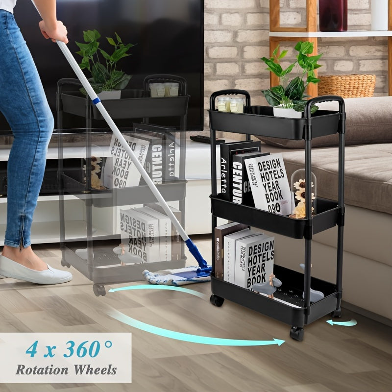 4-Tier Rolling Cart with Wheels and Lockable Casters for Kitchen and Bathroom Black Plastic Basket Included