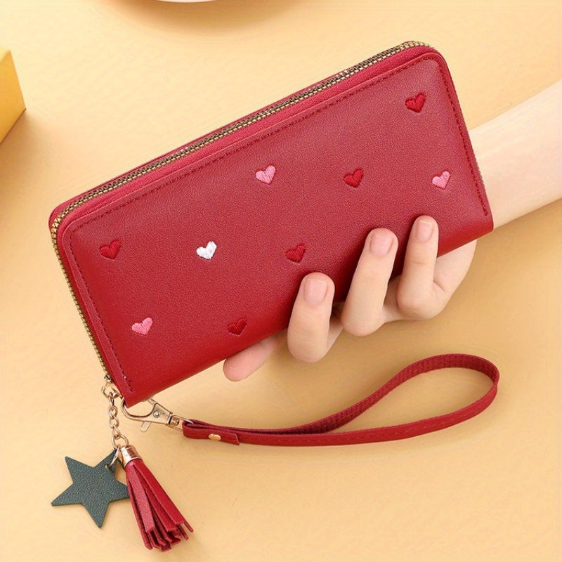 Women Embroidered Faux Leather Wallet with Heart and Star Tassels Zip Around Coin Purse Clutch Black