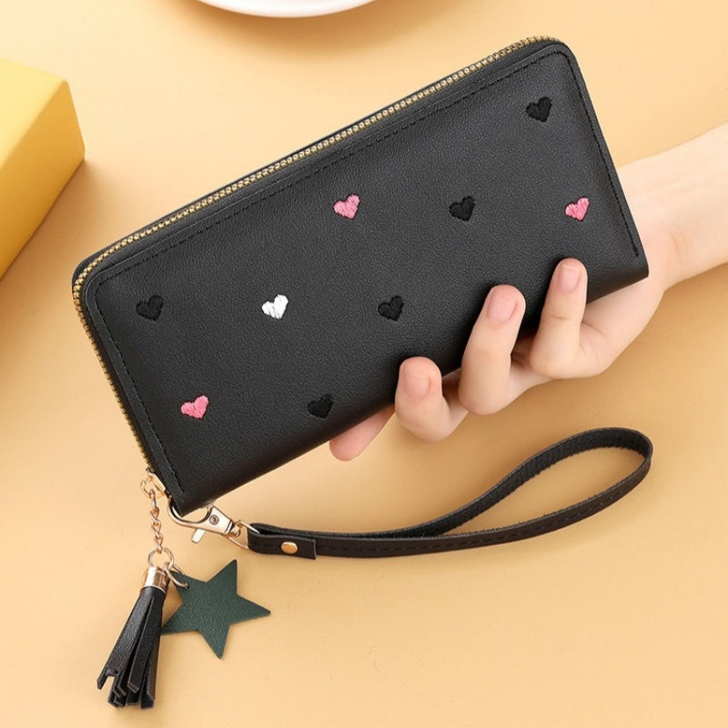 Women Embroidered Faux Leather Wallet with Heart and Star Tassels Zip Around Coin Purse Clutch Black