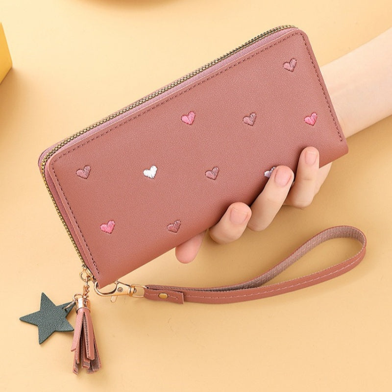 Women Embroidered Faux Leather Wallet with Heart and Star Tassels Zip Around Coin Purse Clutch Black