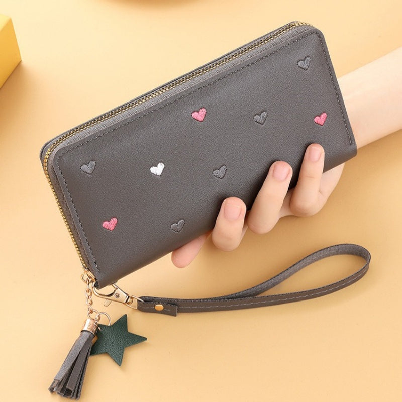 Women Embroidered Faux Leather Wallet with Heart and Star Tassels Zip Around Coin Purse Clutch Black