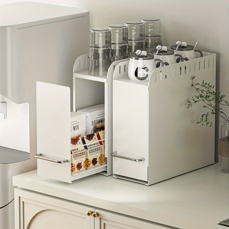 Metal Kitchen Spice Rack with Pull-Out Drawer, Narrow Tabletop Organizer for Tea Cups and Water Bottles