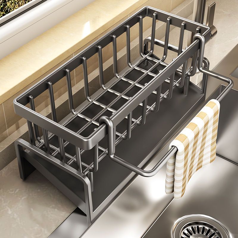 Foldable Black Metal Kitchen Storage Rack with Towel Bar for Organizing Sponges and Cleaning Tools