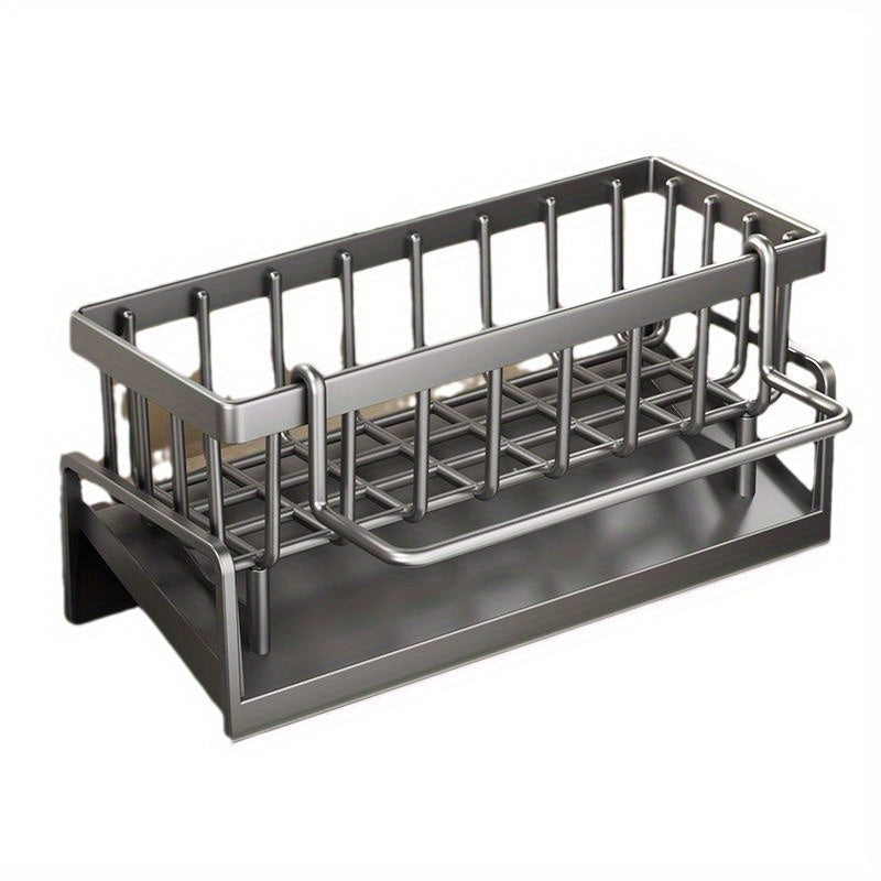 Foldable Black Metal Kitchen Storage Rack with Towel Bar for Organizing Sponges and Cleaning Tools
