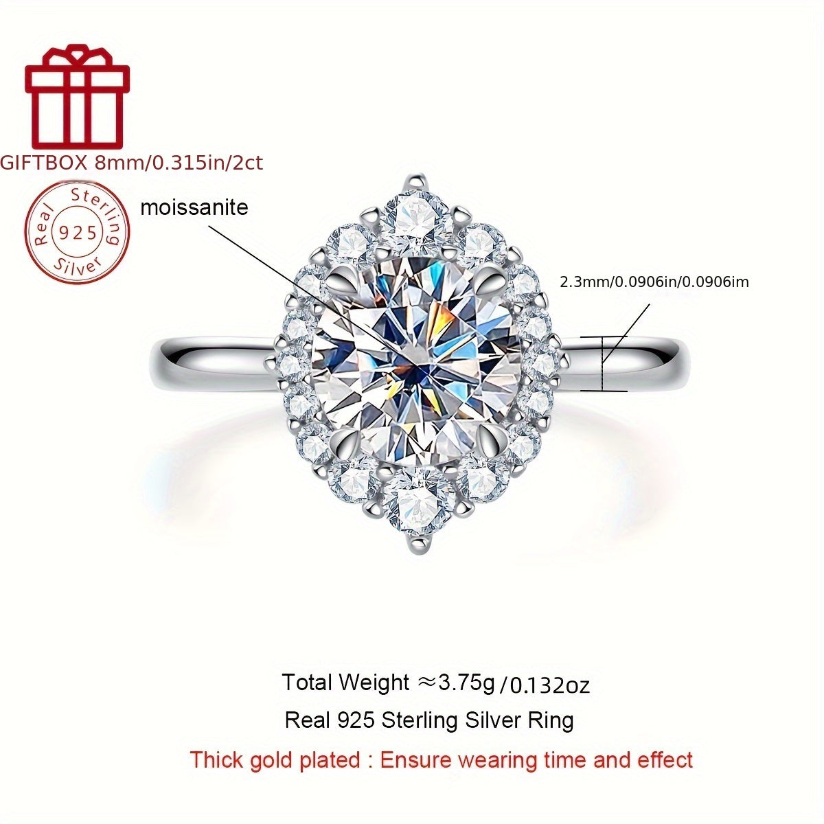 Women's Silver Ring with 2ct Moissanite 8mm Round Stone and 3.75g