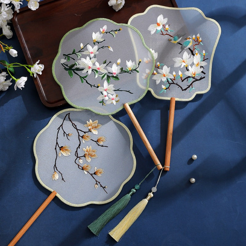 Silk Paddle Fans Handmade Double-Sided Embroidered Traditional Suzhou Craft for Weddings and Daily Use