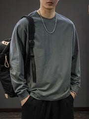 Мужская хлопковая футболка с длинным рукавом, свободный стиль, для весны и осени