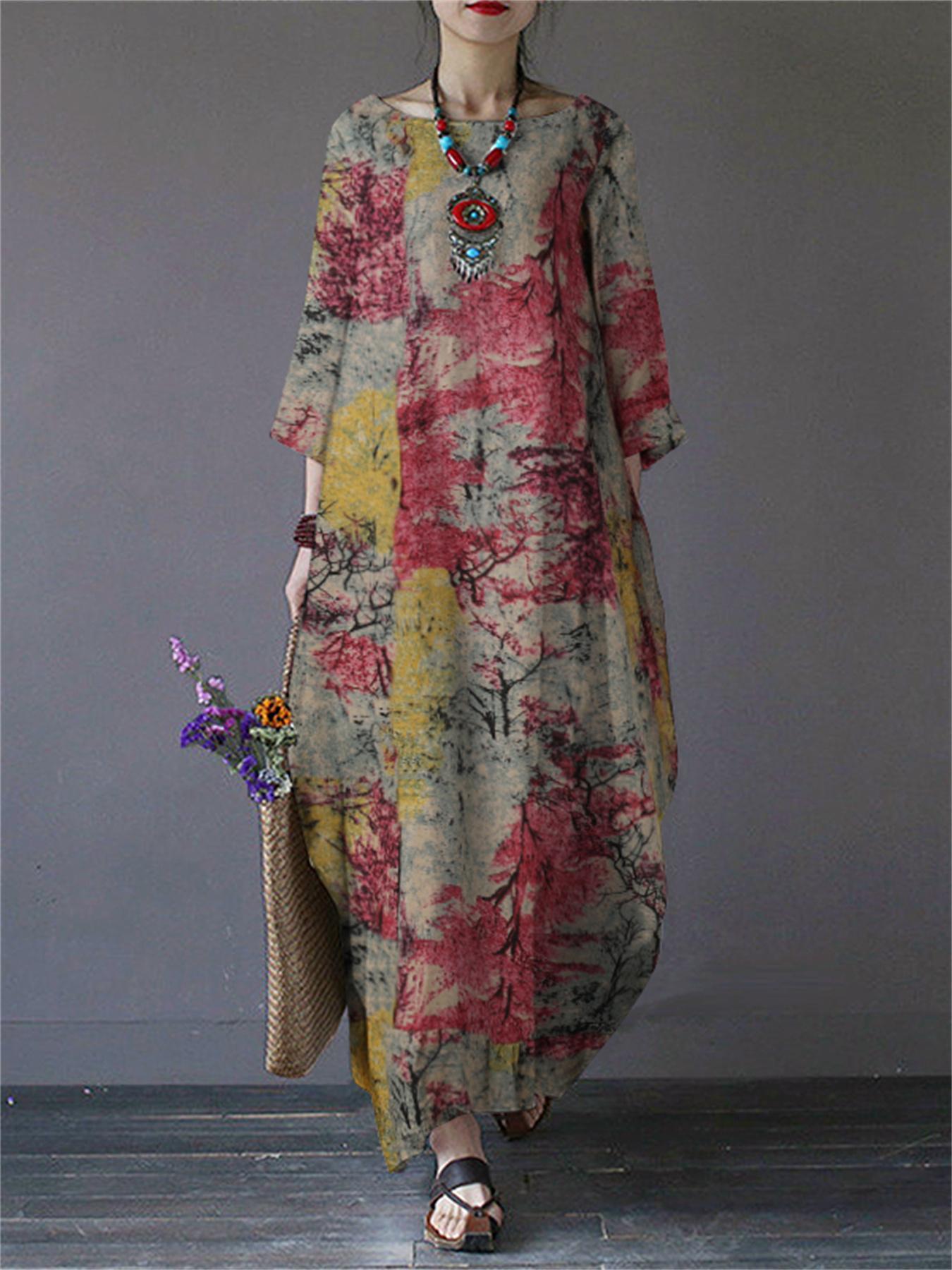 Plus Size Vintage Floral Maxi Dress with Boat Neck Half Sleeve Cotton Casual Vacation Wear