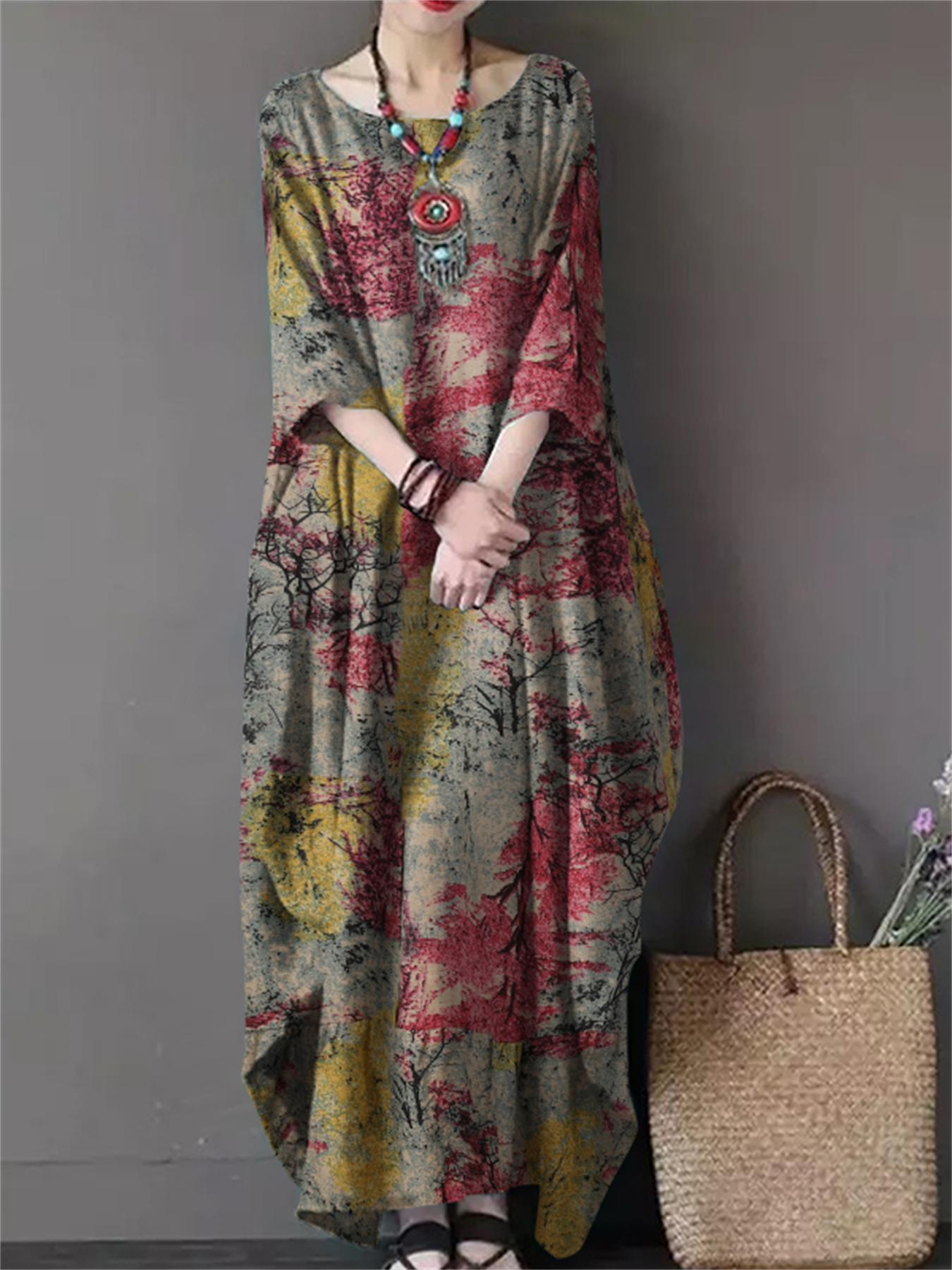 Plus Size Vintage Floral Maxi Dress with Boat Neck Half Sleeve Cotton Casual Vacation Wear