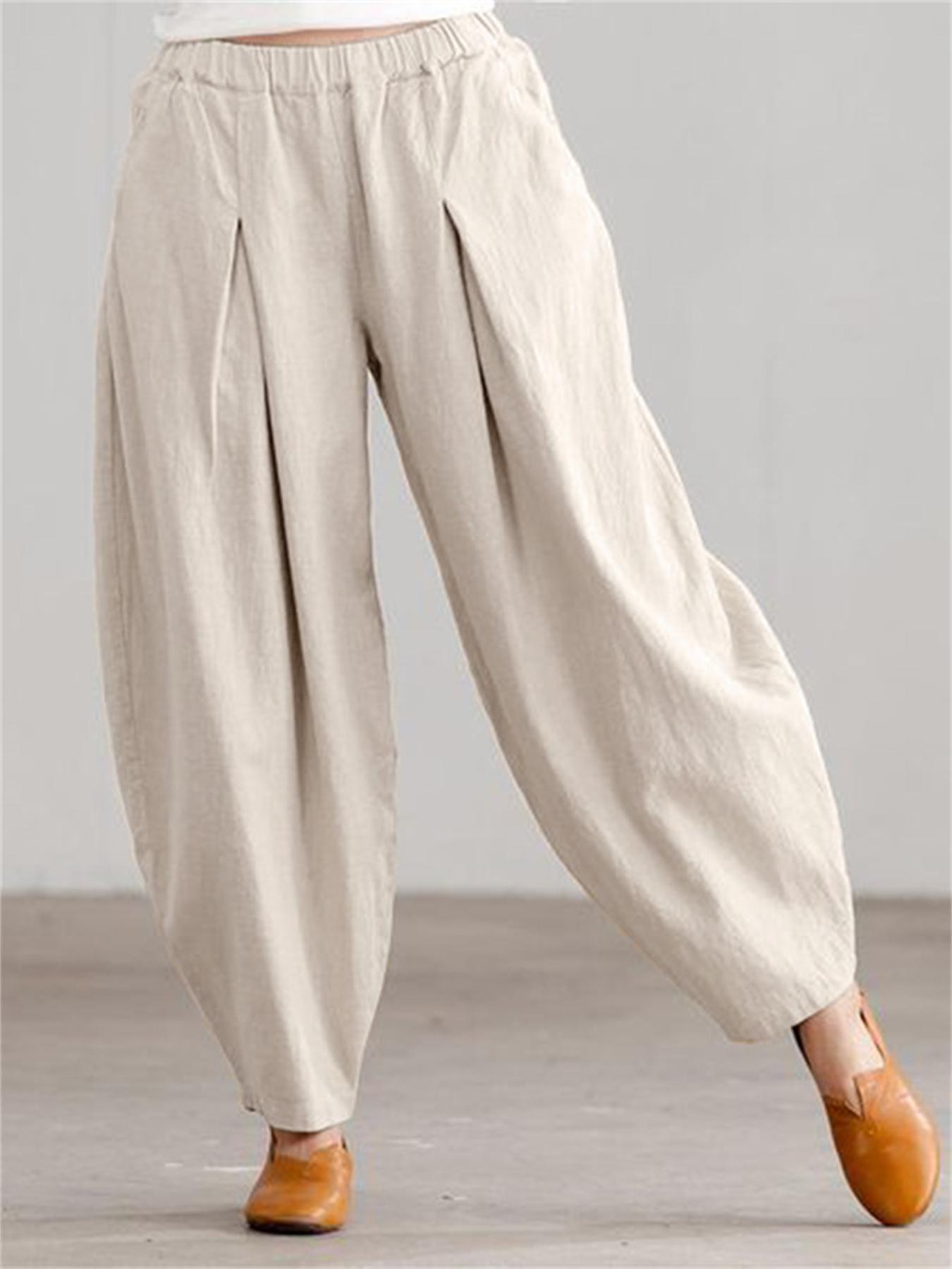 Pantalones anchos de mujer talla grande beige, casual, de corte suelto, con cintura elástica