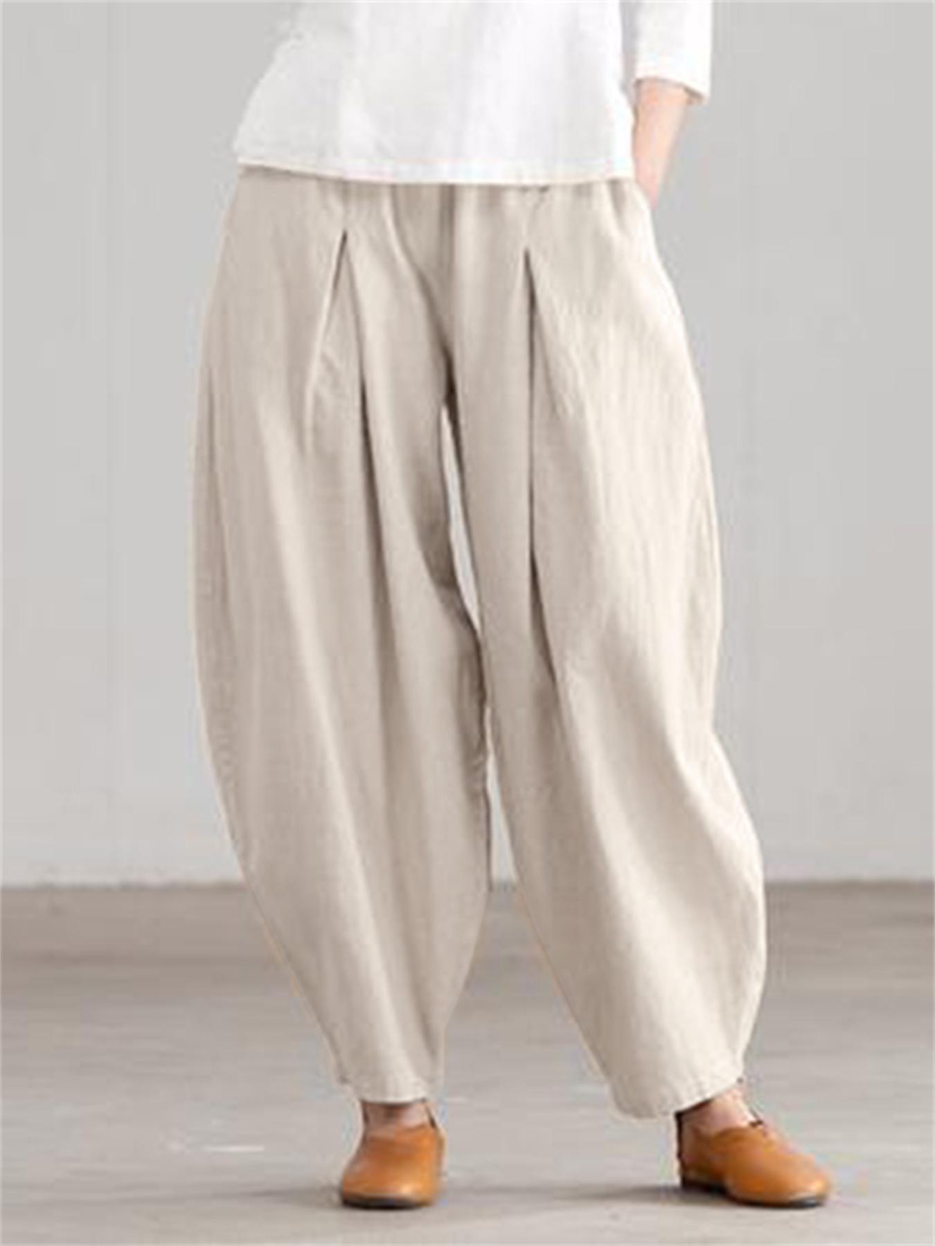 Pantalones anchos de mujer talla grande beige, casual, de corte suelto, con cintura elástica