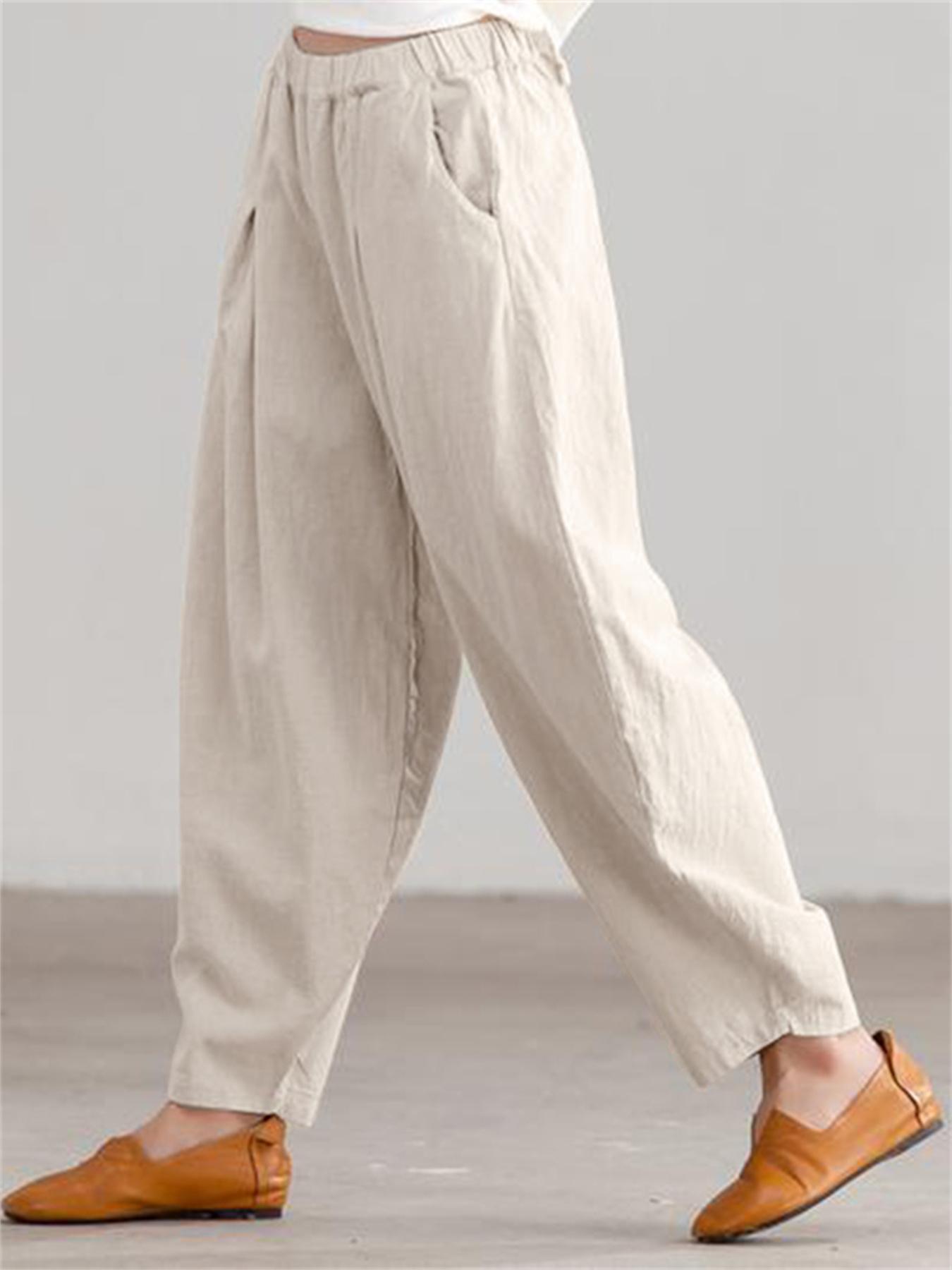 Pantalones anchos de mujer talla grande beige, casual, de corte suelto, con cintura elástica
