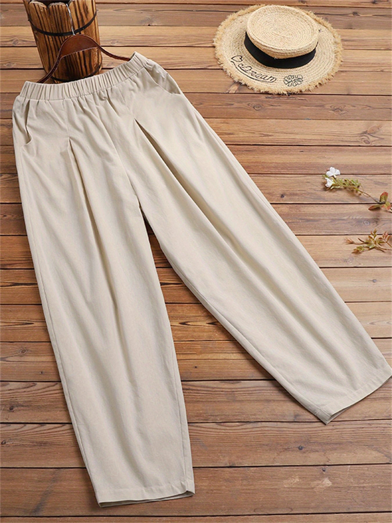 Pantalones anchos de mujer talla grande beige, casual, de corte suelto, con cintura elástica