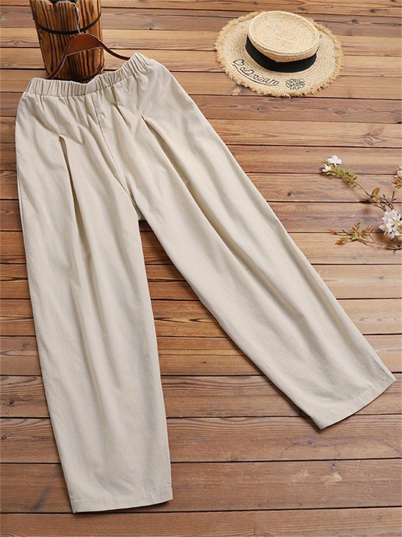 Pantalones anchos de mujer talla grande beige, casual, de corte suelto, con cintura elástica