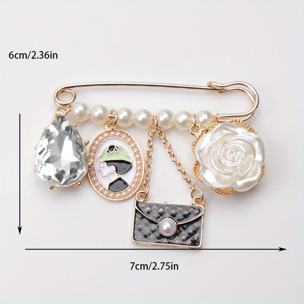 Vintage Black Tassel Brooch Pin with Rhinestones and Enamel Finish