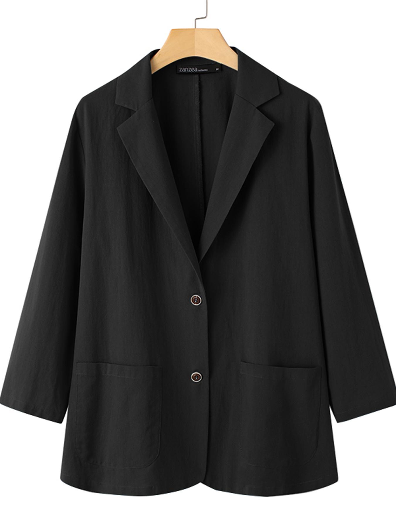 Plus Size Women's Cotton Blazer Long Sleeve Solid Color Office Casual Outerwear